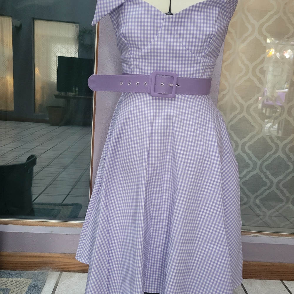 Unique Vintage Lavender Gingham Off Shoulder Dress